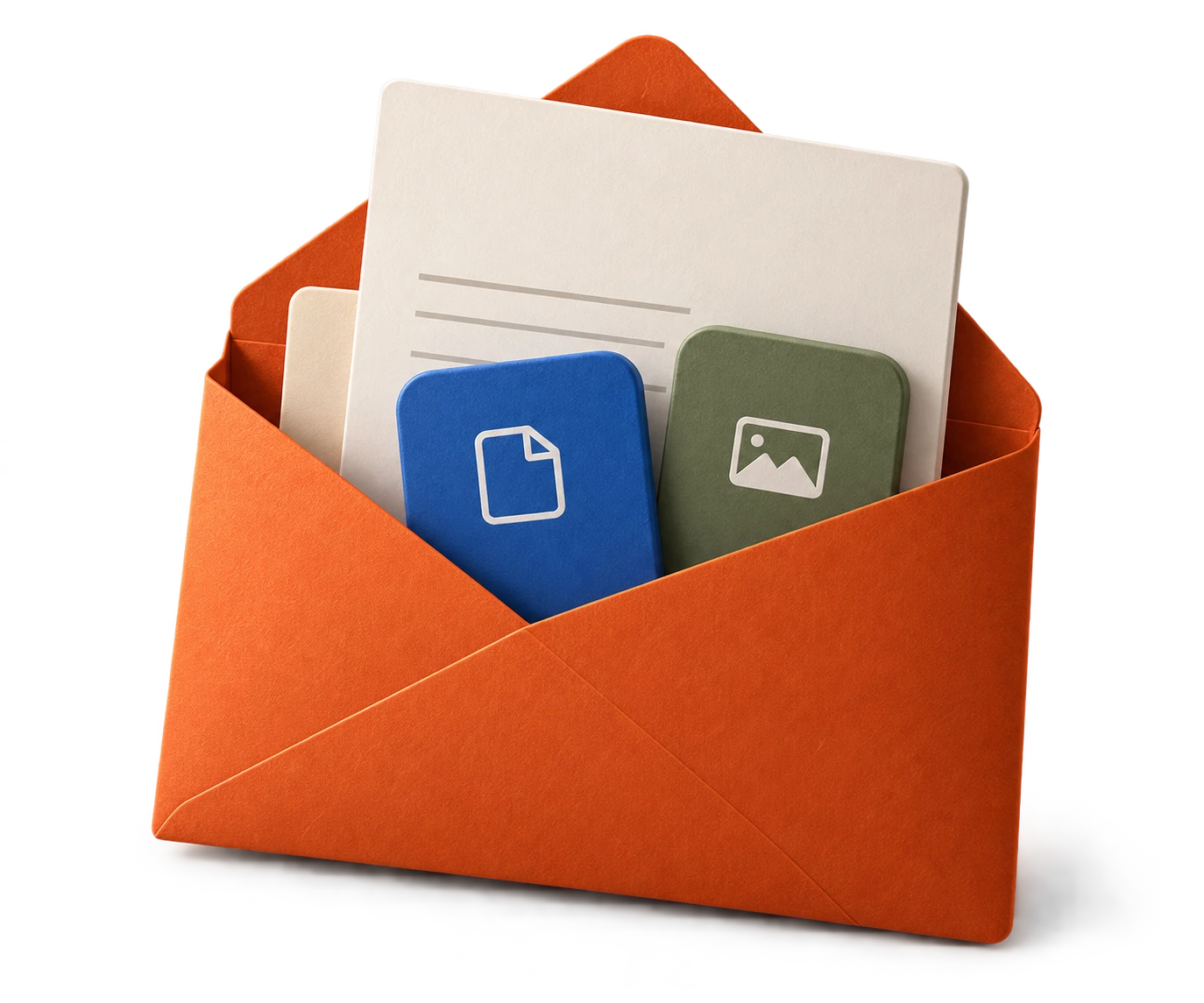 An orange paper envelope carrying document and photo tiles